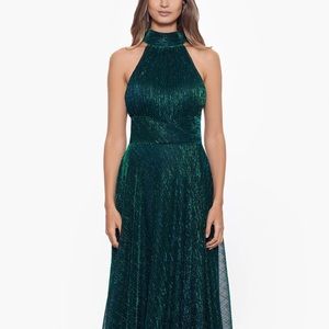 Betsy & Adam Jade Green Metallic Dress Halter Neck and Slit for formal events